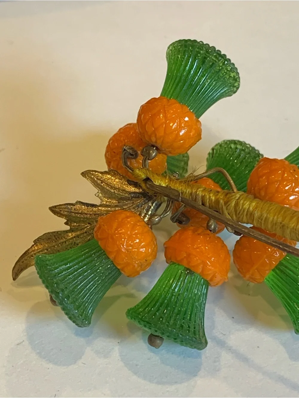 Vintage Czech Glass Flower Bouquet Brooch Orange Green Silk Wrapped Stem